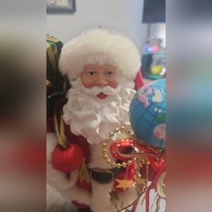 Vintage Fabric Mache Santa with world and toy sack figure